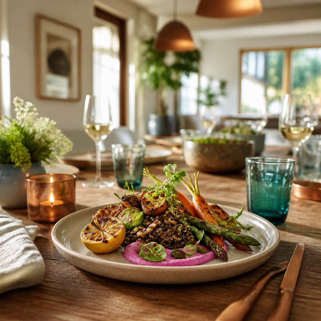 Plated plant-based meal in a relaxed dining room