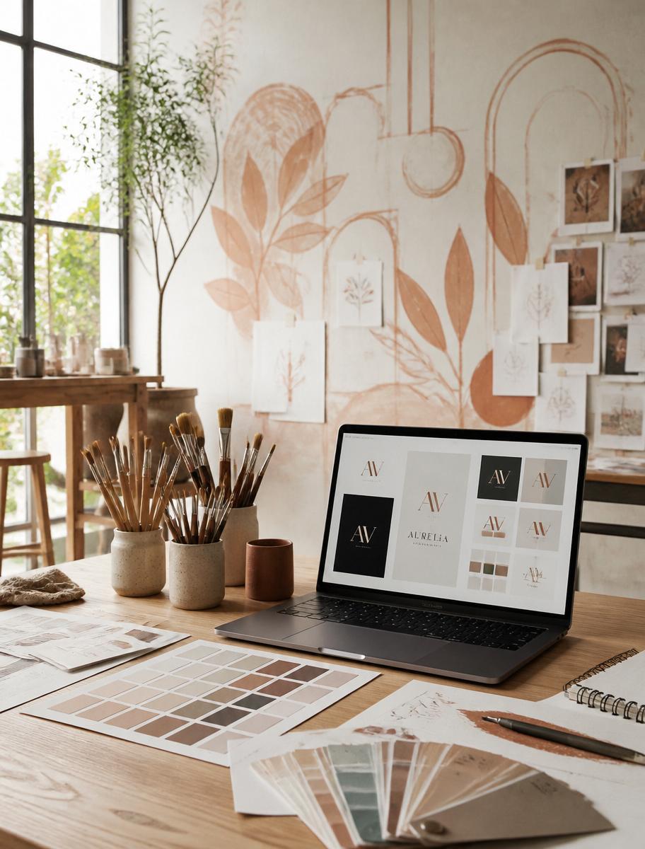 Creative studio with mural sketches, brand identity designs, and color swatches