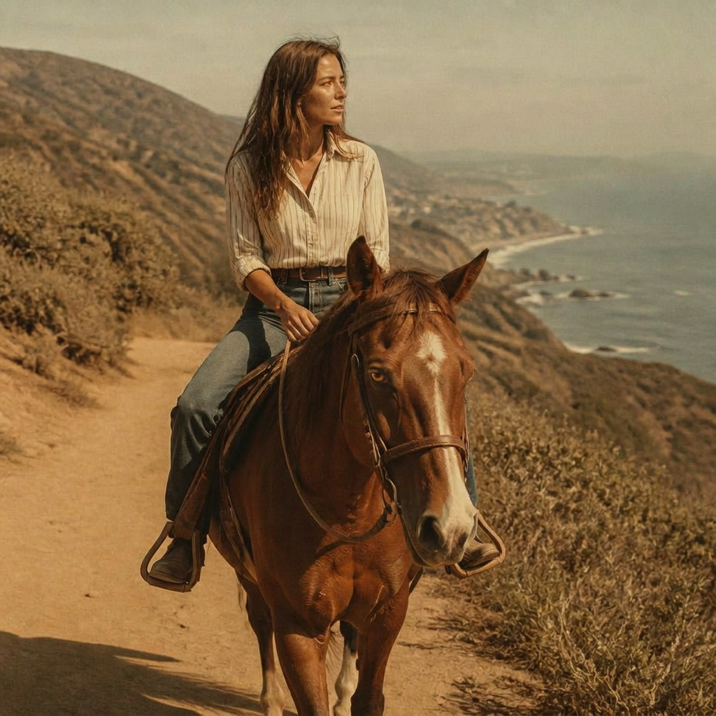 Woman riding a horse along a coastal canyon trail