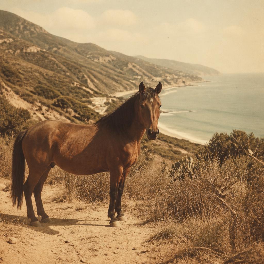 Horse standing on a hillside trail above the coast